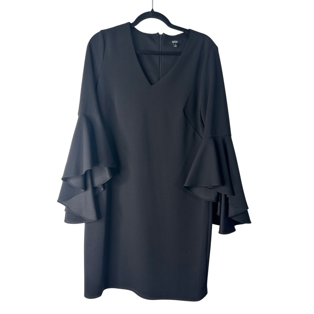 MSK Style Setter Dress Size 8 Black V-Neck Tiered Bell Sleeve Mini Shift Witchy